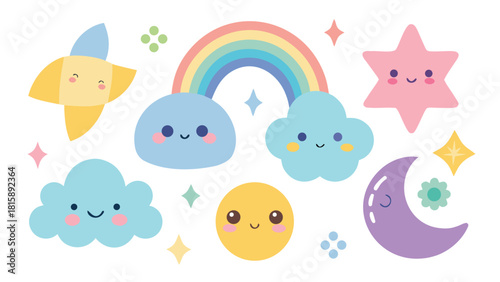 Cartoon cute sky elements set