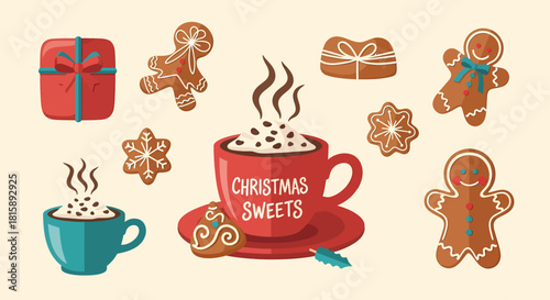 Delightful Christmas sweets and steaming drinks create a cozy holiday mood, perfect for seasonal promotions and joyful designs with gingerbread cookies