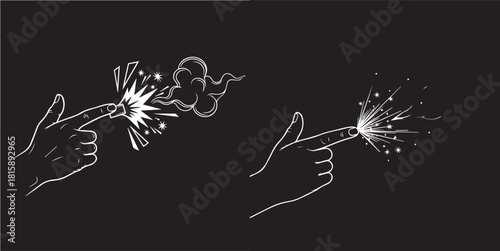 Outline Illustration of Hands Generating Explosions and Sparks on Black