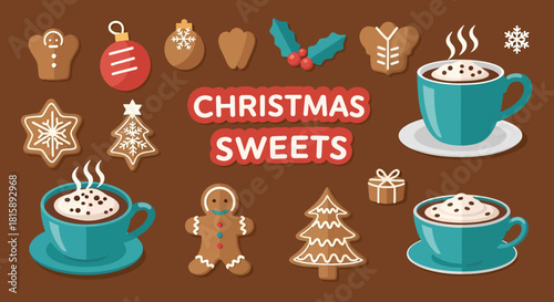 Festive holiday cheer with Christmas sweets and hot cocoa, perfect for seasonal promotions, baking blogs, and heartwarming greeting cards or winter menus
