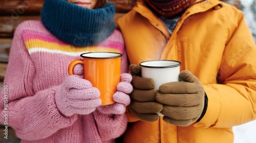 Two friends hold steaming mugs, bundled up in colorful winter clothing. They stand against a rustic wooden backdrop, enjoying quiet moments amidst a snowy day