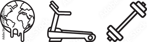 Line Art Icons: Melting Earth, Treadmill, and Barbell on White Background
