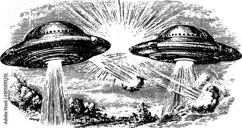 Vintage engraving of UFOs emitting beams of light in the sky. The hand-drawn illustration features a black outline, structured as a vector set.