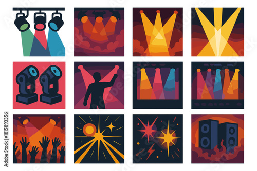 Vibrant Concert Icons. Concert Lights silhouette icon set: colorful spotlights, smoky stage, bright beams, moving heads, performer silhouette, vibrant backdrop, crowd hands raised