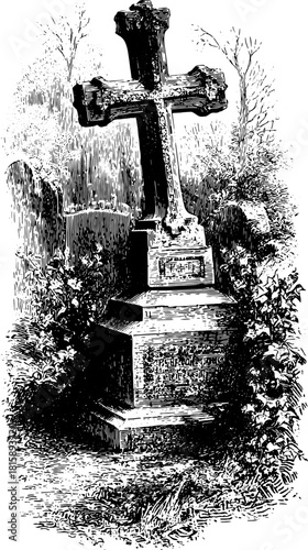 Cross tombstone at a grave in a cemetery, with ornate engraving and plants. Black and white vintage vector illustration.