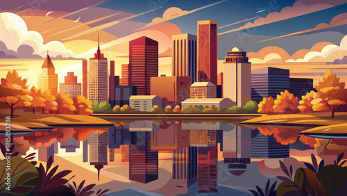 Very beautiful cityscape of downtown Toledo, Ohio, with its skyline reflecting softly in the calm Maumee River during a warm autumn sunset, creating a peaceful and atmospheric urban scene.