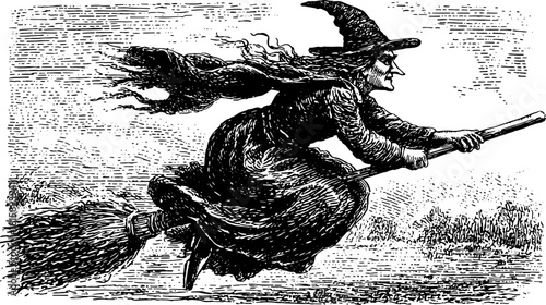 Witch flying on a broom in a vintage style. Black and white outline vector illustration capturing historical and mystical elements.
