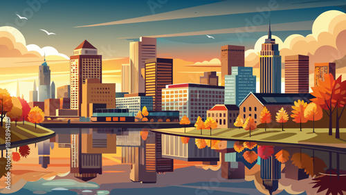 Very beautiful cityscape of downtown Toledo, Ohio, with its skyline reflecting softly in the calm Maumee River during a warm autumn sunset, creating a peaceful and atmospheric urban scene.