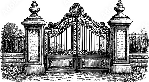 Ornate vintage gate illustration in black and white outline. Detailed engraving showcasing classic architectural elements in a garden set vector style.