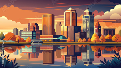 Very beautiful cityscape of downtown Toledo, Ohio, with its skyline reflecting softly in the calm Maumee River during a warm autumn sunset, creating a peaceful and atmospheric urban scene.