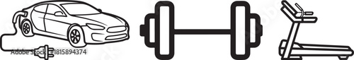 Black Outline Vector Icons: Electric Vehicle, Barbell, and Treadmill
