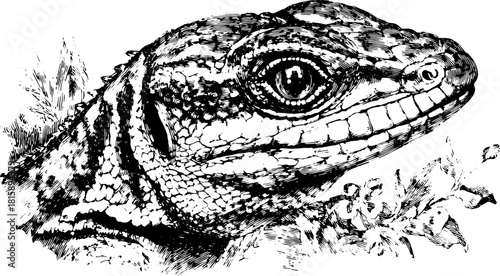 Lizard illustration in black and white. Detailed wildlife vector illustration showcasing texture and scales in a realistic style.