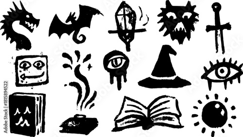 Collection of fantasy-themed illustrations featuring dragons, wizards, and magical symbols. This is a creative vector art set.