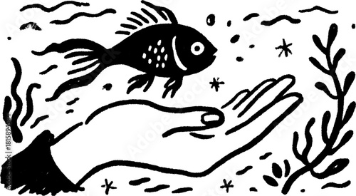 Fish swimming above a hand in a simple ocean scene. Black and white vector illustration with maritime elements in a coastal set.