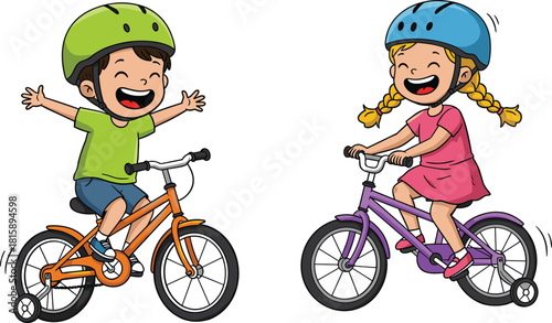 Children riding bicycles, outdoor activity, safety helmets, training wheels, summer fun, happy kids, motion lines, cycling, childhood, healthy lifestyle, smiling faces