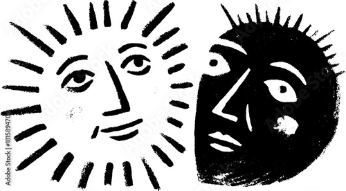 Sun and face vector illustration in black and white. Simple and modern graphic art with expressive features and contrasting elements.