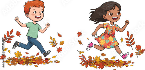 Children running through autumn leaves, joyful outdoor play, fall season fun, colorful foliage, happy kids, nature scene, seasonal illustration, vibrant moment