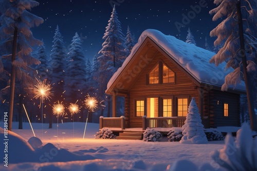 Cozy wooden cabin with bright sparklers in snowy winter forest at night