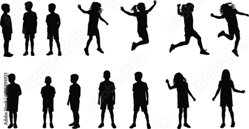 Children silhouette, kids vector, jumping, running, standing, black clipart, playful pose, motion, activity, school, education, editable, isolated, design, illustration, youth