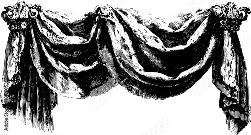 Curtain drape in vintage barocco style with ornate classical details. Black and white decorative vector illustration with detailed linework.