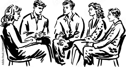 Group discussion in sketch style. People sitting in chairs communicating and exchanging thoughts in a professional setting, vector illustration.