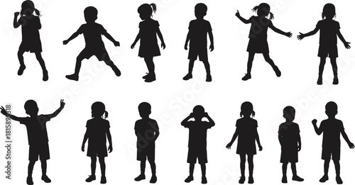 Children silhouette, standing kids, playful poses, gesture variety, black figures, expressive movement, boy girl mix, posture study, vector art, educational use
