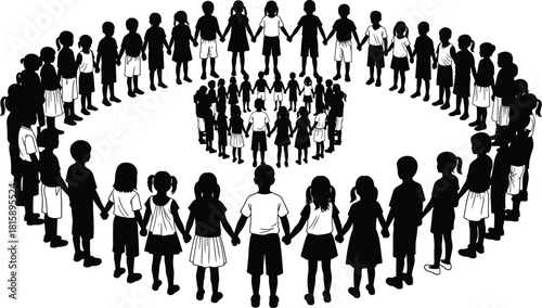 Children silhouettes holding hands, unity circle, community concept, teamwork illustration, concentric rings, black and white, social connection, togetherness art