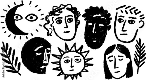 Silhouette illustrations of diverse faces, sun, and moon elements. Hand-drawn vector set with black outlines, ideal for creative themes.