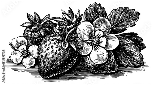 Vintage black and white engraving illustration of strawberries and flowers. Detailed outline design in classic style, showcasing nature's beauty in vector format.