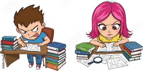 Children studying, homework frustration, cartoon kids, school desk, books, magnifying glass, angry writing, focus, learning, education, exam stress, classroom