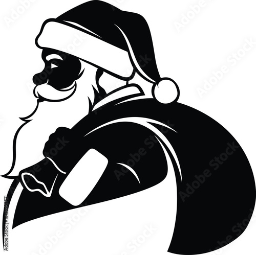 Determined Santa Claus Side Profile Silhouette, Black and White Vector Illustration of Father Christmas Carrying an Oversized Toy Sack for Holiday Delivery.
