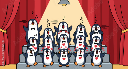 A heartwarming choir of adorable cartoon penguins performs a joyful song on a brightly lit stage with vibrant red curtains, spreading happiness and festive cheer with their sweet melodies