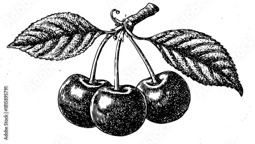 Cherries vector illustration in black and white outline. Vintage drawing featuring detailed leaves and fruit, ideal for botanical art set.