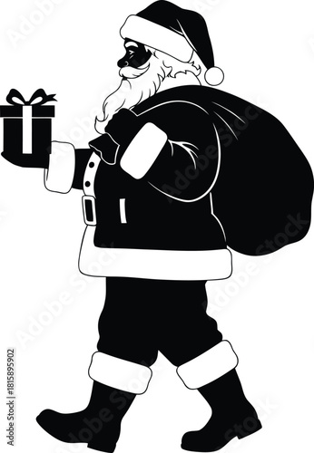 Santa Claus Silhouette Walking and Holding Gift, Full-Body Black and White Vector Illustration of Father Christmas Delivering a Present with a Heavy Sack.