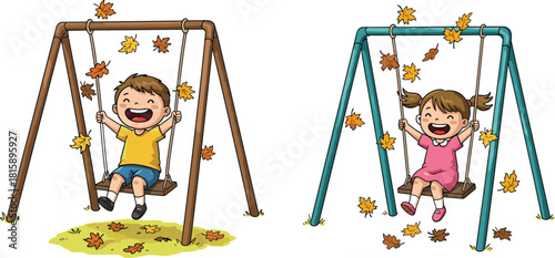 Children swinging in autumn park, joyful outdoor play, falling leaves, seasonal fun, happy kids, fall activity, nature, playground, carefree moment