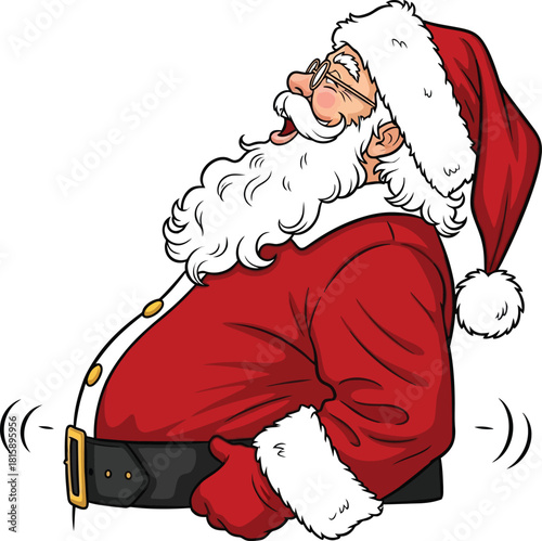 Jolly Santa Claus Laughing Out Loud, Half-Body Comic Vector Illustration of Father Christmas with a Wiggling Belly, Crying "Ho Ho Ho" While Looking Upwards.