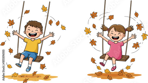 Children swinging in autumn, fall leaves, outdoor play, seasonal joy, happy kids, playground fun, nature scene, childhood moment, rope swing, smiles