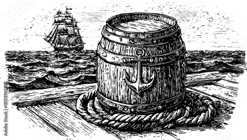 Vintage line drawing of a barrel with an anchor, set against an ocean backdrop and a sailing ship. Detailed vector illustration reflecting nautical themes.
