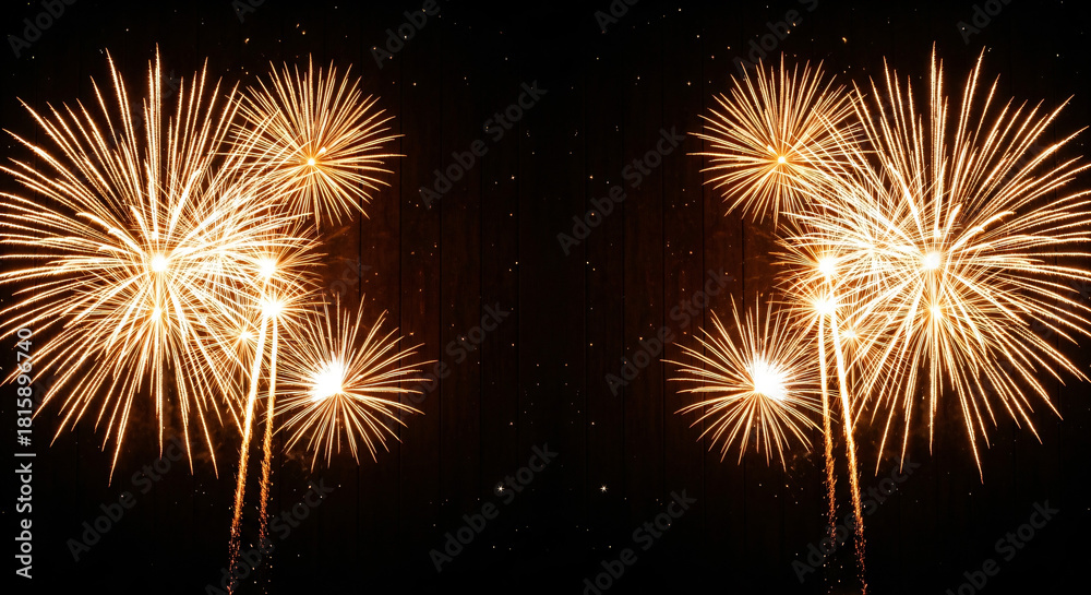 Naklejka premium Silvester 2025, New Year's Eve, New Year, new years eve background panorama long - Firework Fireworks on rustic brown wooden wood texture