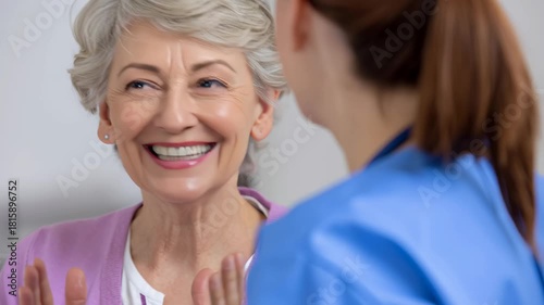 Wallpaper Mural Smiling senior woman caregiver nurse consultation smile healthcare medical warm compassionate support companionship friendly home care conversation Torontodigital.ca