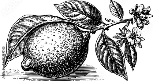 Lemon fruit with leaves in black and white outline style. Vintage vector illustration for decorative purposes.