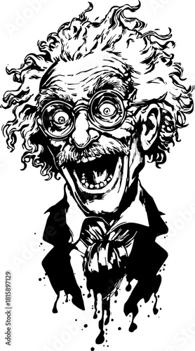 Engraving of a mad scientist with an eccentric face. Hand-drawn black outline vector illustration in vintage style.