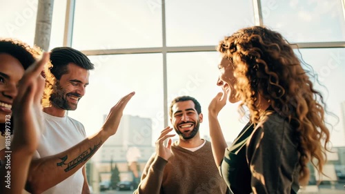Young woman man diverse group high five office teamwork celebrating success smiling colleagues sharing positive energy collaboration bright modern