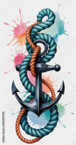 Anchor with ropes and colorful splashes, nautical theme, maritime, navy, sea, ocean, vector art