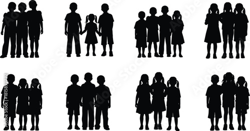 Children, silhouette, group, diversity, bonding, friendship, social, interaction, elementary, school, posture, hairstyle, unity, black, white, emotional, developmental