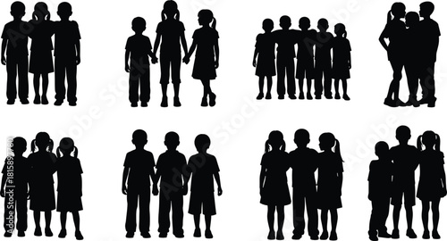 Children, silhouette, group, friendship, bonding, teamwork, unity, social, interaction, childhood, togetherness, play, happy, kids, black, white, emotional, educational, community, connection