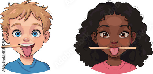 Children, tongue depressor, medical checkup, pediatric exam, diverse kids, healthcare, doctor visit, oral inspection, playful illustration, cartoon style, examination, multicultura