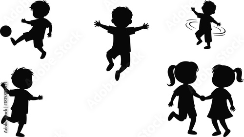 Children, silhouette, playing, running, jumping, hula hoop, teamwork, walking, active kids, fun, outdoor, black, isolated, energetic, motion, childhood, sport, friendship, happy, lifestyle