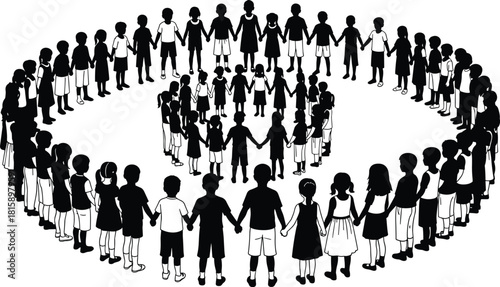 Children, unity, silhouettes, holding hands, concentric circles, community, teamwork,