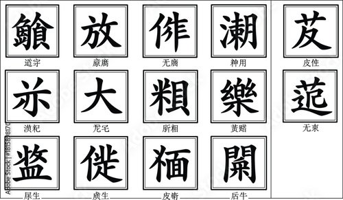 Chinese characters, traditional calligraphy, black ink writing, Asian language symbols, cultural art, educational learning resource, typography design, Mandarin script, heritage